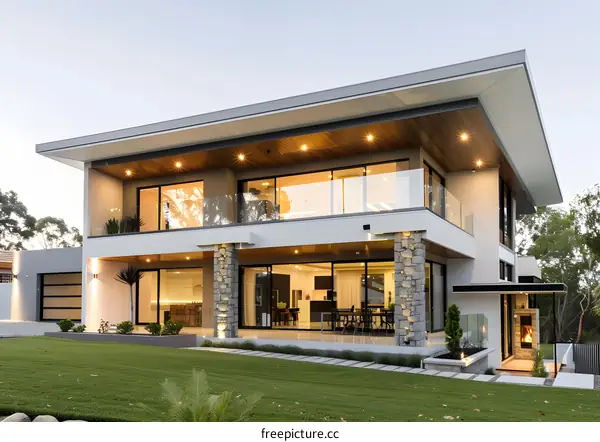 Modern Luxury Home with Stone Accents and Glass Balcony