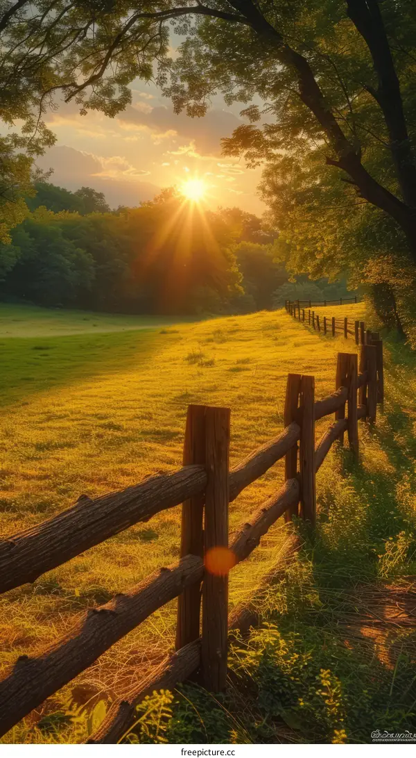 Wooden fence in the middle of a lush green field at sunset