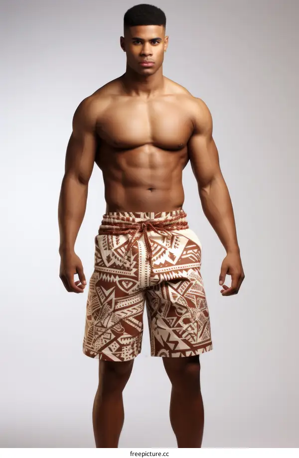 muscular African American male model wearing brown tribal print shorts