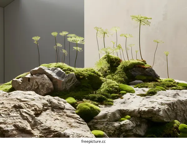 Green Moss and Small Plants on a Rock Formation