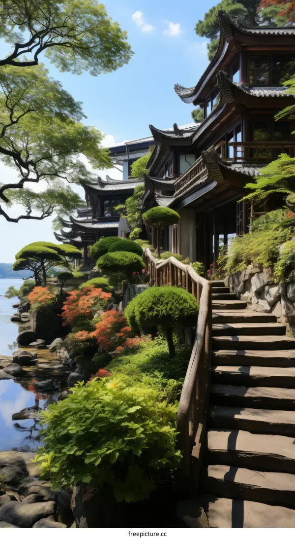 oriental lake house with lush garden