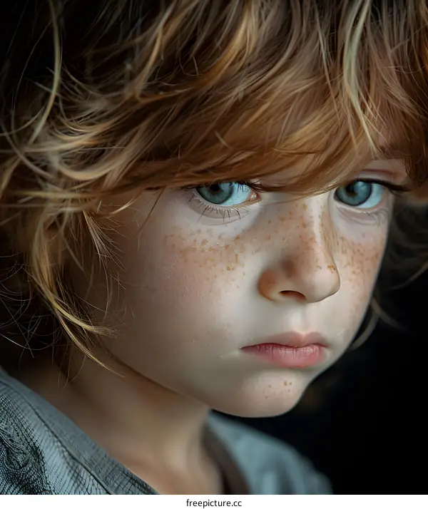 Portrait of a boy with freckles and green eyes