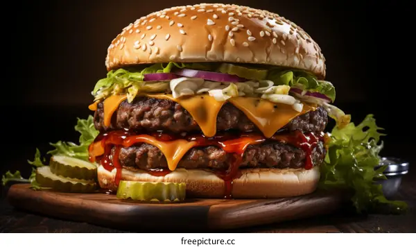 A mouthwatering double cheeseburger with lettuce, tomato, onion, and pickles