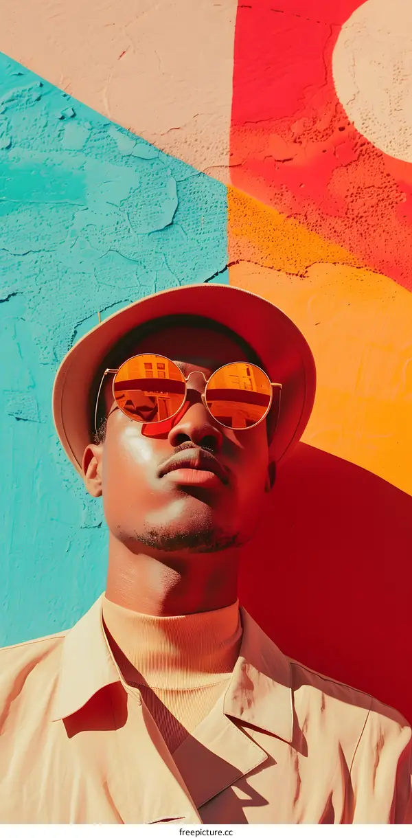 Man Wearing Sunglasses and Hat Against Colorful Wall
