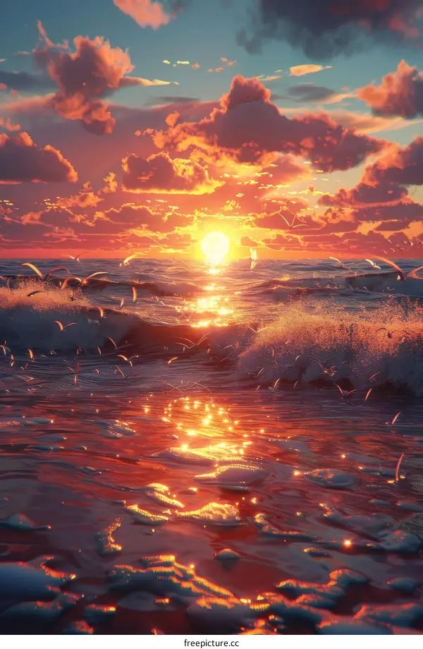 Crimson and Orange Sunset with Seagulls