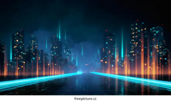 Futuristic City Night Road at Neon Lights