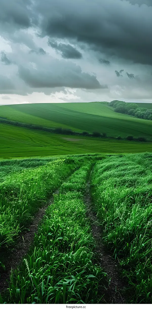 Green Hillside Landscape Scene with Clouds over Field
