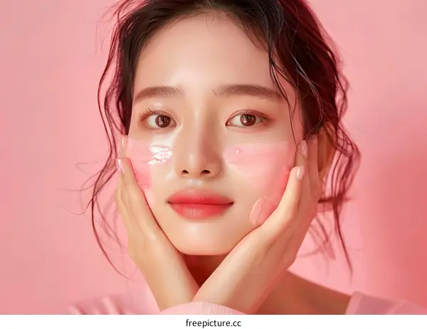 Young Woman Applying Pink Face Mask