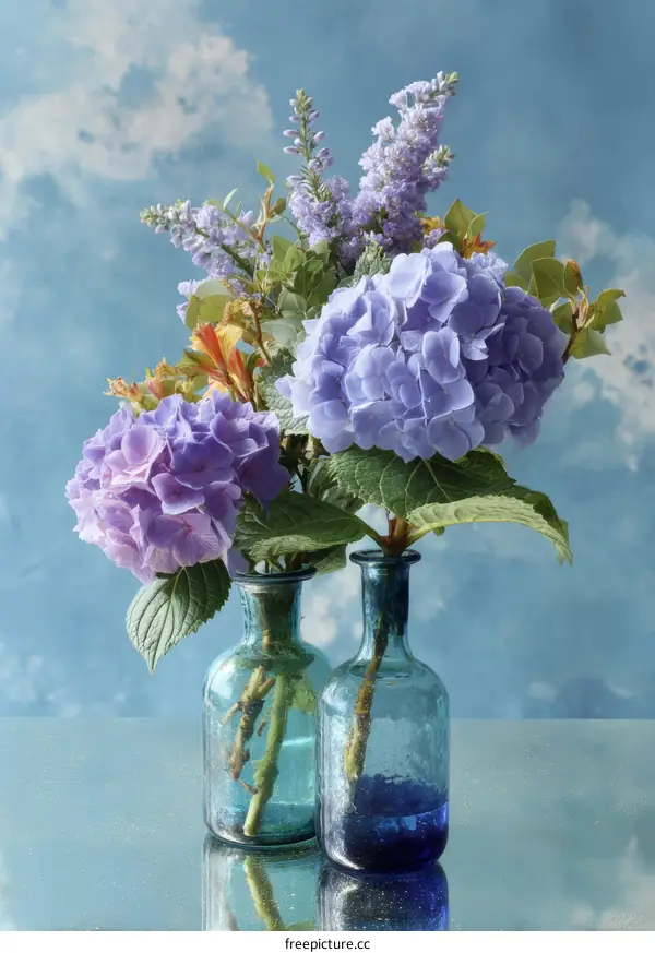 Hydrangea Bouquet in Blue Bottles Against a Sky Background
