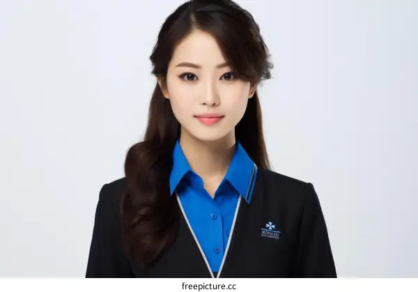 Portrait of a young Asian woman in a blue and black uniform