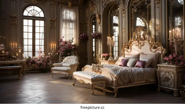 Ornate Bedroom with Bed, Bench, and Chaise Lounge
