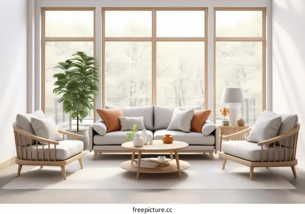 Modern Living Room with Large Windows and Comfortable Sofa