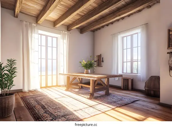 Rustic Farmhouse Interior Design with Wooden Beams and a Large Window