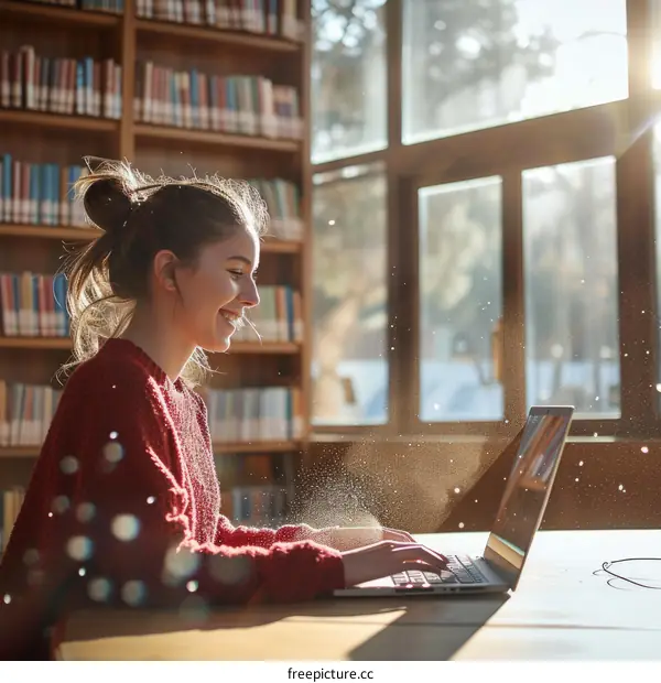 Focused young female student using laptop in library
