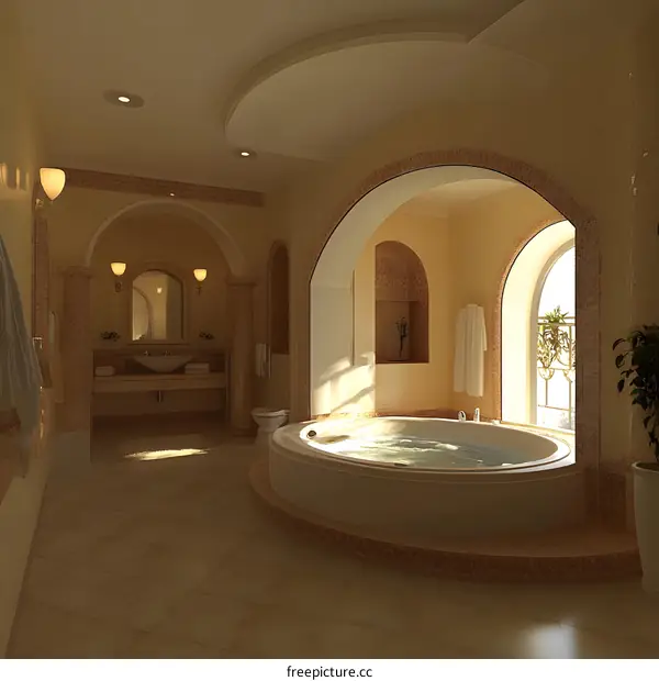 Luxury Bathroom Interior Design With Jacuzzi And Large Window