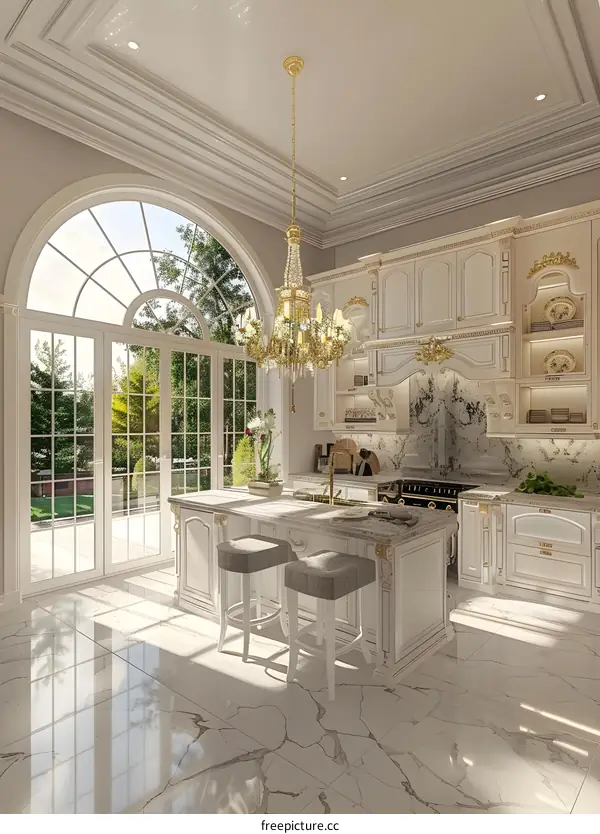 Luxury Kitchen Interior Design with White Cabinets and Marble Flooring