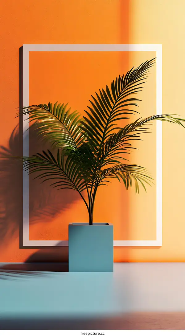 Palm Tree in Minimalist Orange and Blue Room