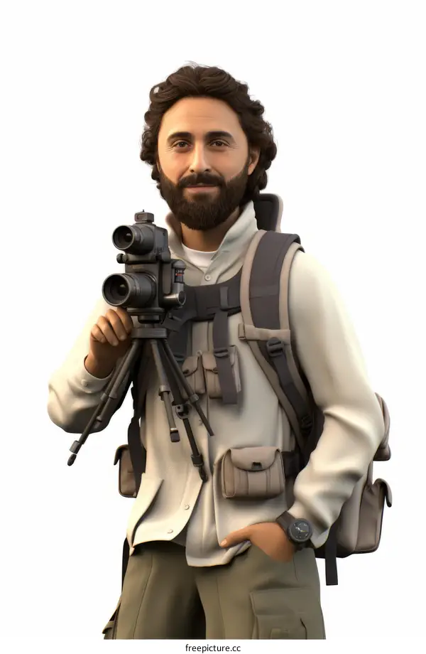 Bearded Man Holds Camera on Tripod