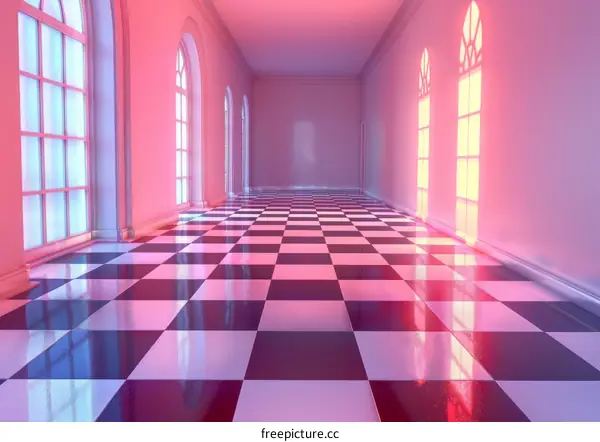 Pastel Pink Hallway with Checkered Flooring