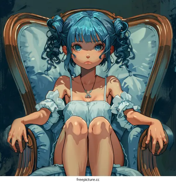 Blue Haired Girl Sitting in a Chair with Brown Eyes
