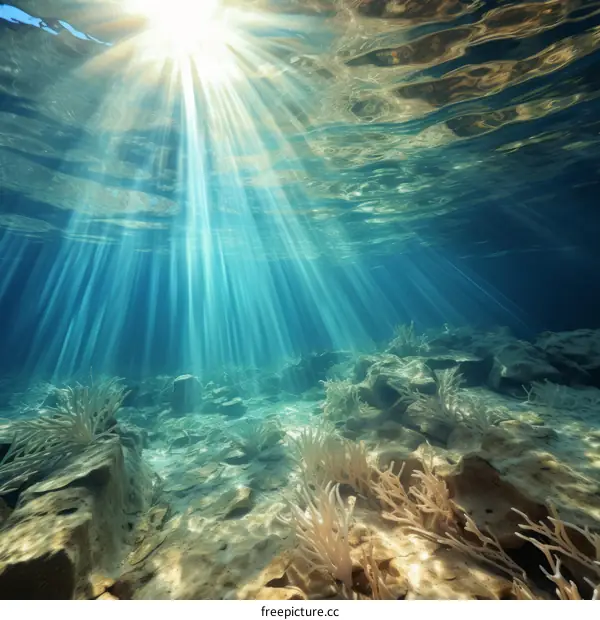 Mystical Sunlight Beams Shining into Ocean with Rocky Seabed and Coral