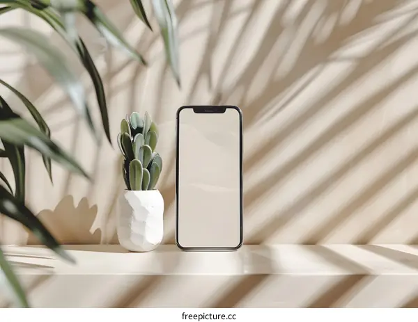 Minimalist Phone Mockup with Plant and Sunlight Shadows