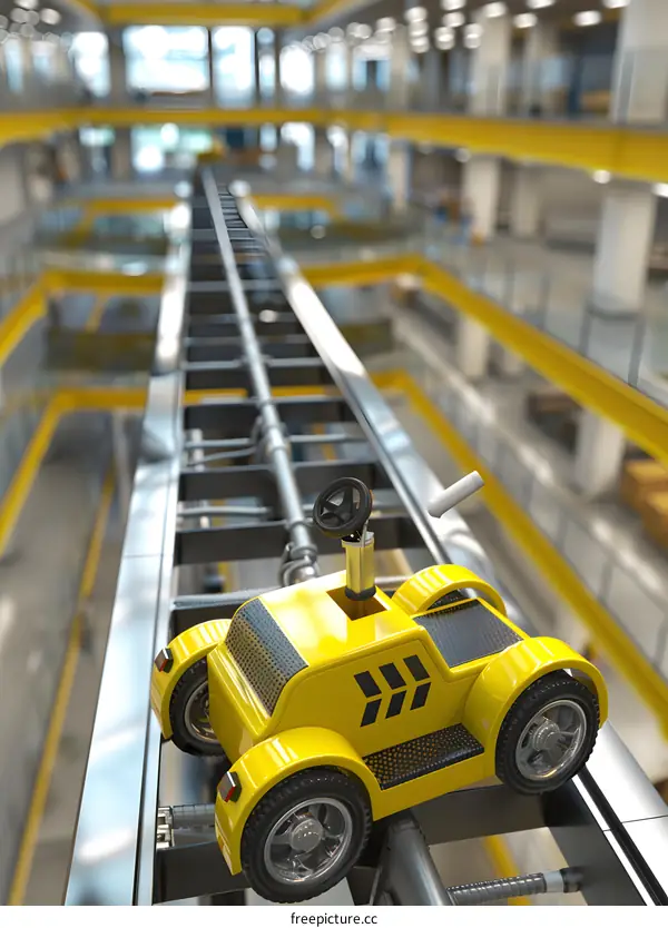 Yellow Toy Car on a Track in an Industrial Setting