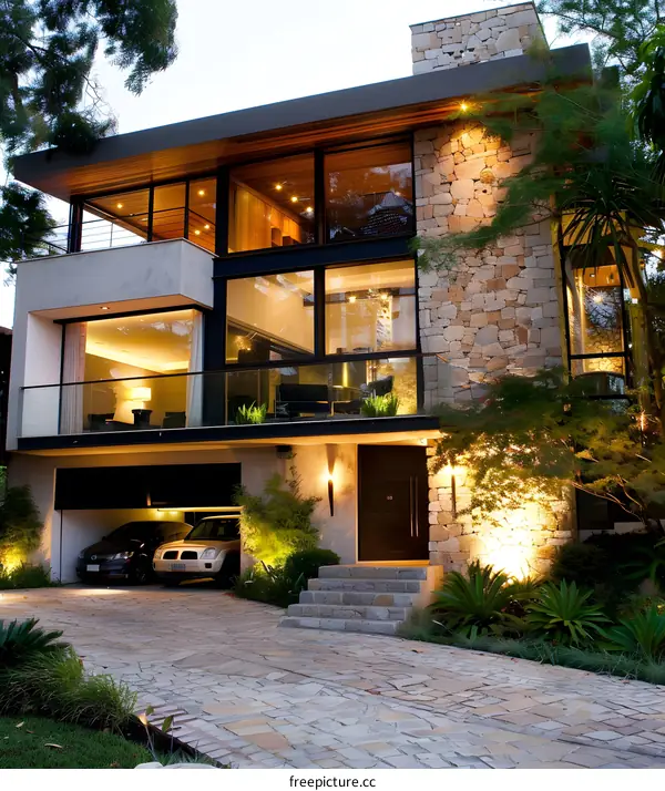 Modern Stone House with Large Windows and a Garage