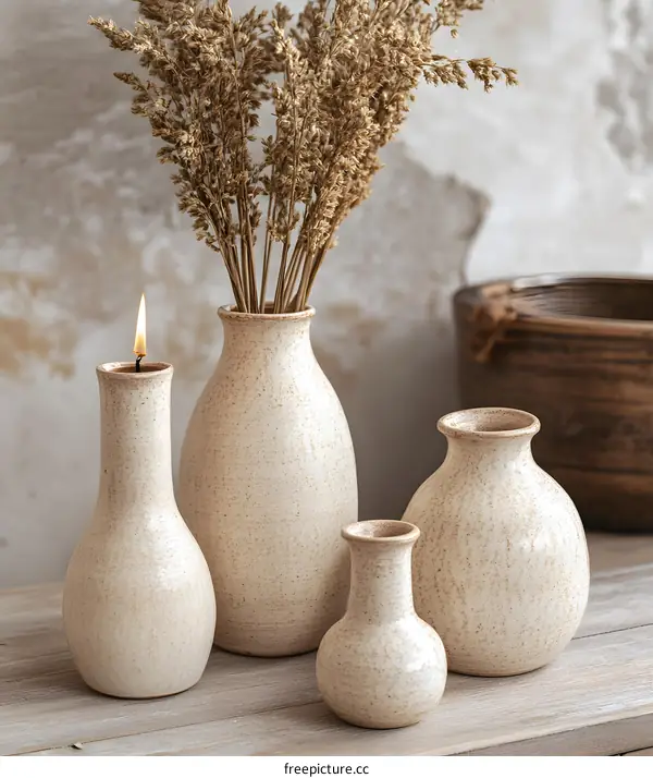 Ceramic Vases With Dried Flowers and Candle