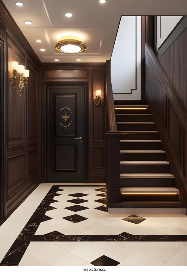 Modern Interior Design with Wooden Paneling, Black Door, and Staircase