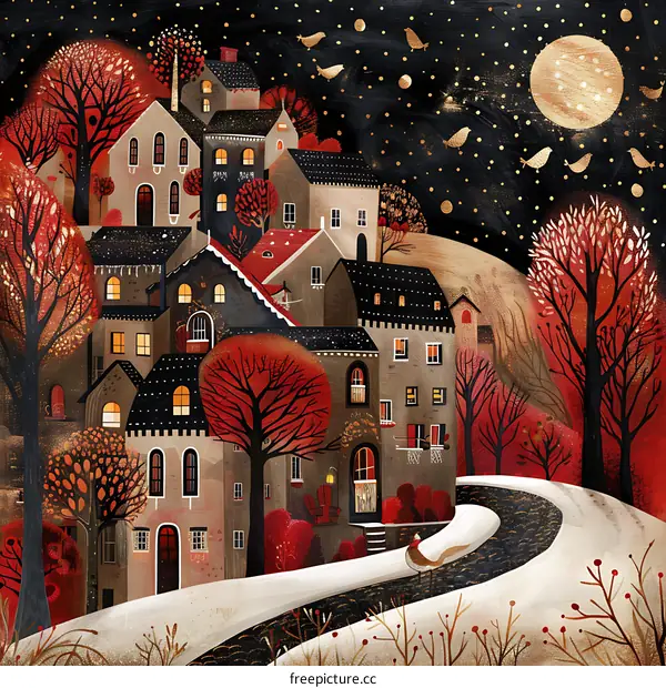 Snowy Night Village with Birds and Moon