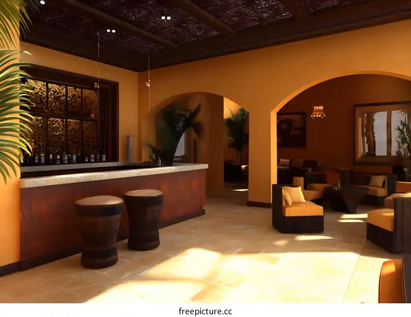 Modern Patio Bar Lounge Design With Wicker Furniture