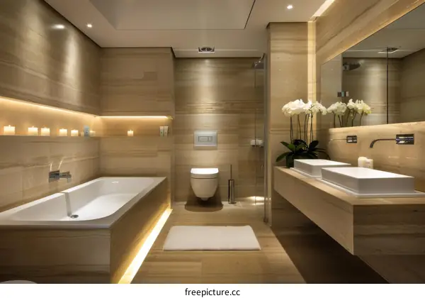 Modern Beige Marble Bathroom with White Bathtub and Shower