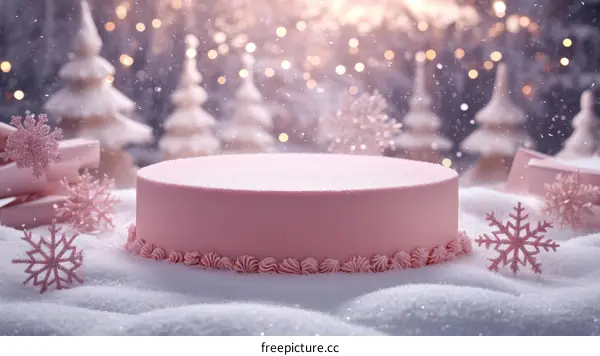 Pink Cake Display in Snowy Winter Scene