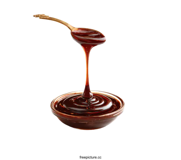 [Transparent Background PNG]Sweet Dark Syrup Dripping from Spoon into Bowl