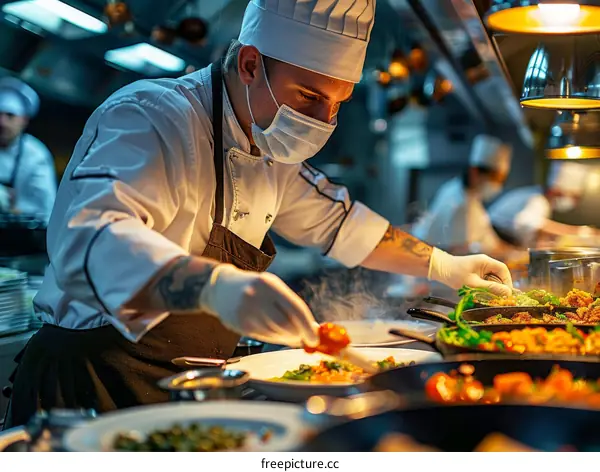 Chef in a mask preparing a dish in a restaurant kitchen