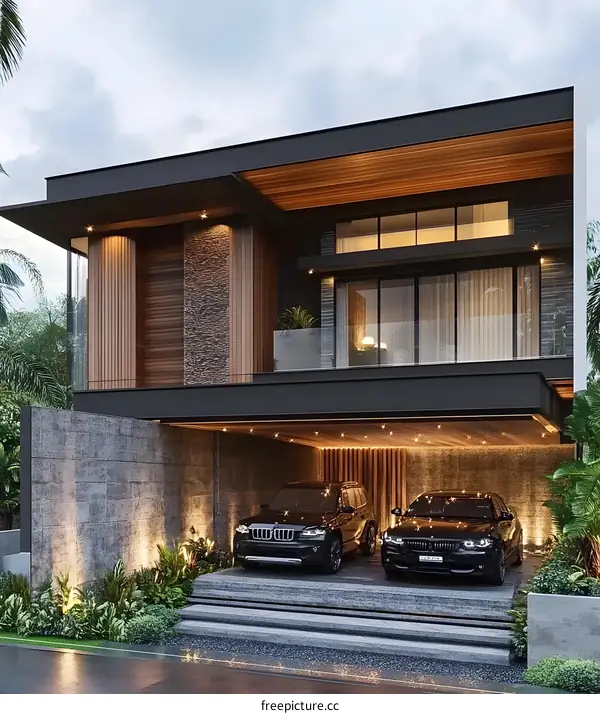 Modern Luxury Home with Car Garage and Landscaping