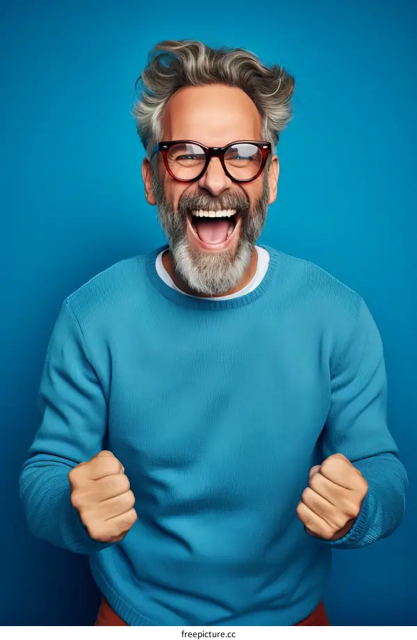 Bearded man in glasses celebrating with clenched fists