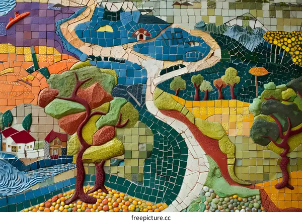 Colorful Mosaic Wall Art with Landscape Design