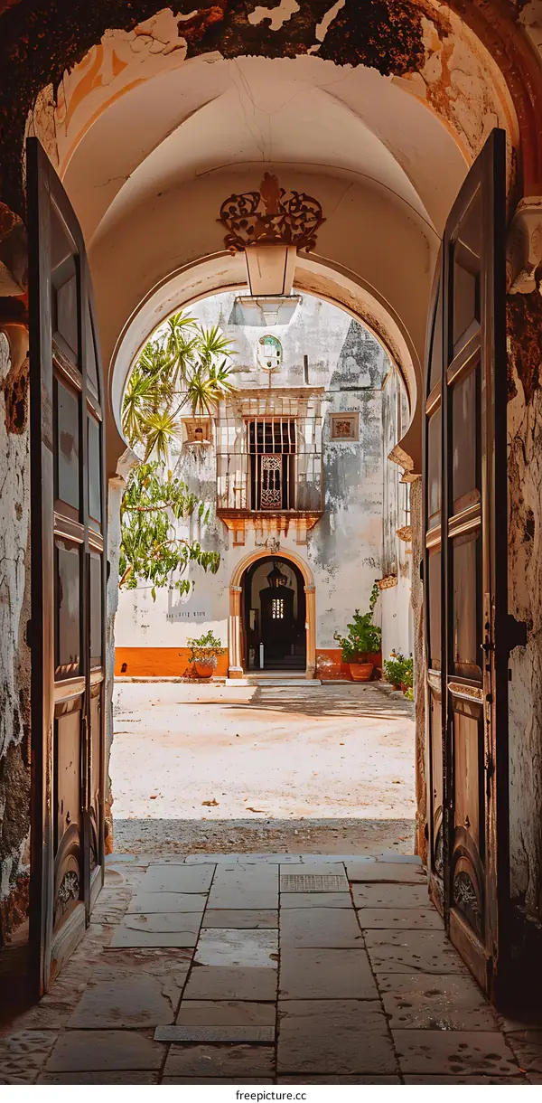 Old Wooden Doors Open To Reveal A Courtyard With An Archway