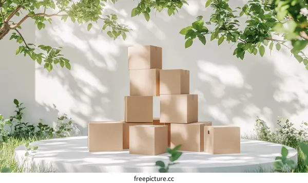 Stylish Cardboard Boxes Arrangement in a Garden Setting