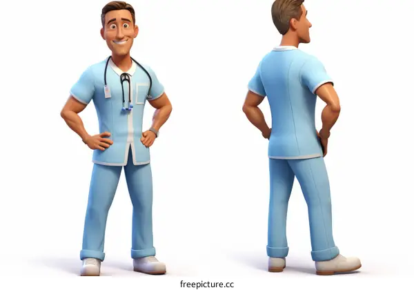 A 3D illustration of a male doctor in a blue uniform