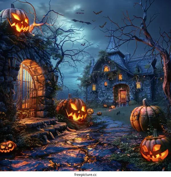 Creepy Halloween Pumpkin and Haunted House