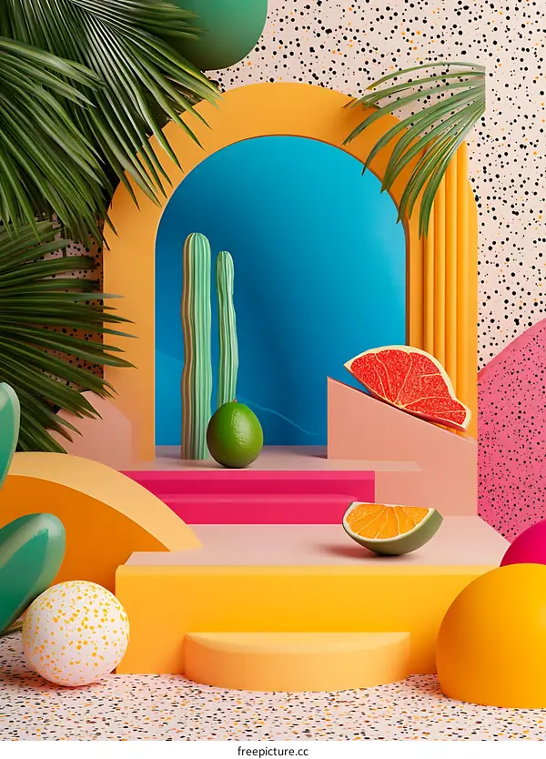 Abstract Summer Background with Fruits and Palm Trees