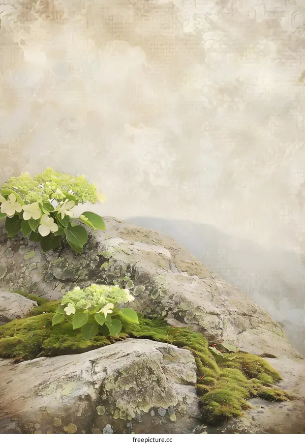 Flowers Blooming On A Rock With Moss