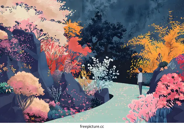 A person walking through a colorful forest