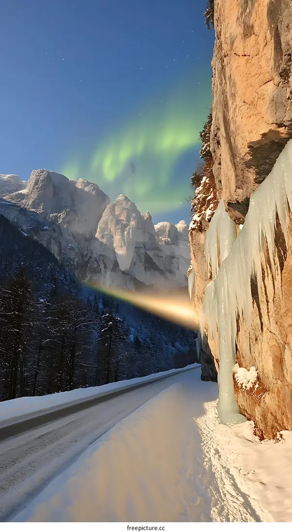 Snowy Mountain Road with Northern Lights