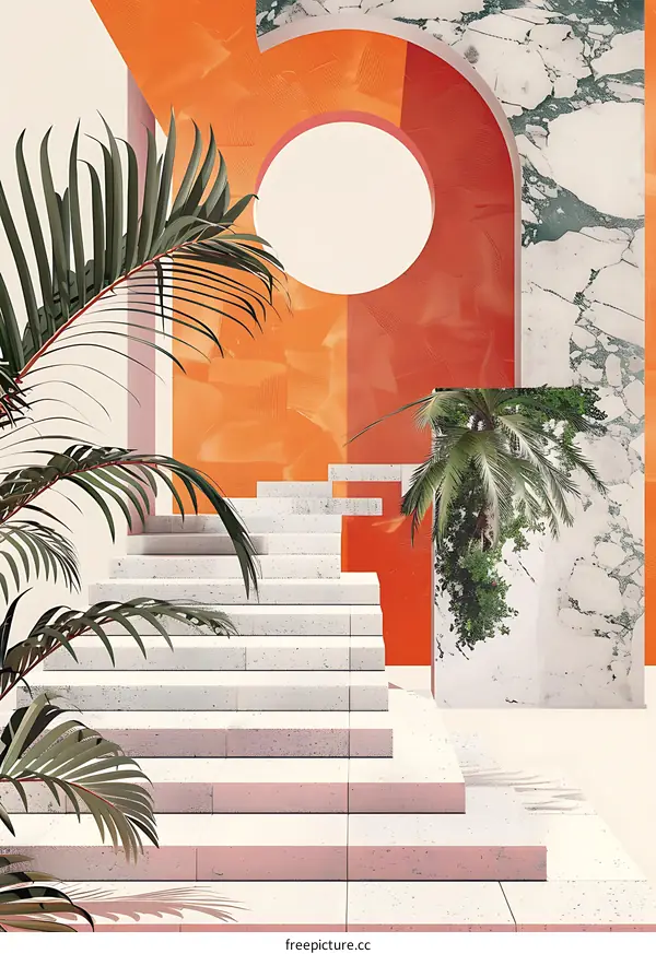 Minimalist Abstract Staircase With Palm Trees And Geometric Shapes