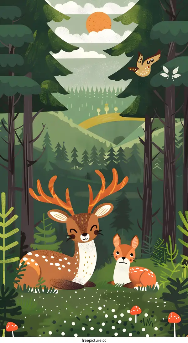 Cute Deer Illustration with Forest Background