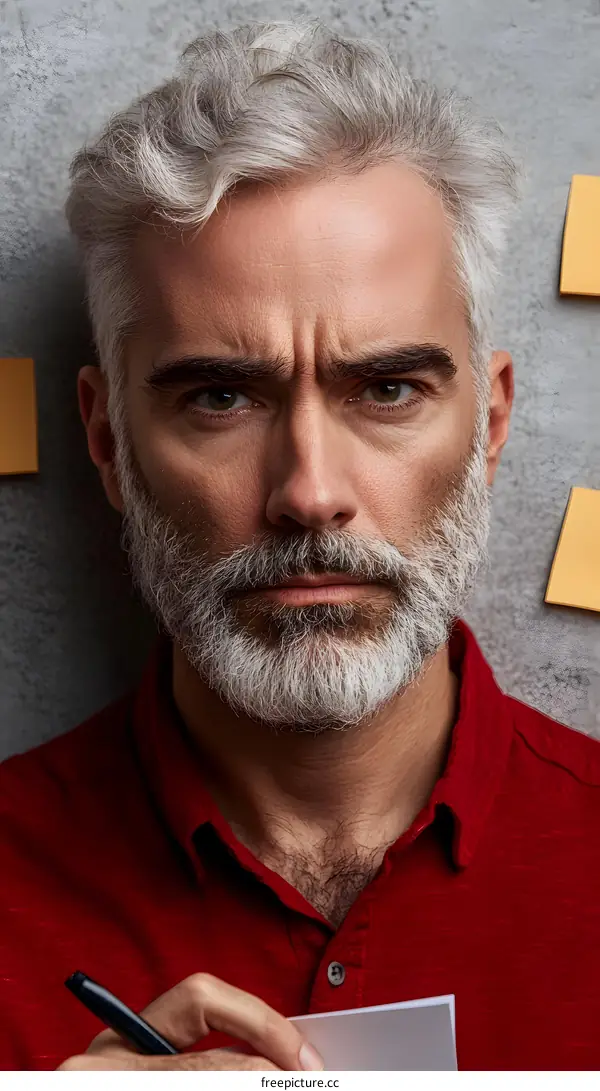 Closeup Portrait of Serious Caucasian Man With Grey Hair and Beard Looking at Camera